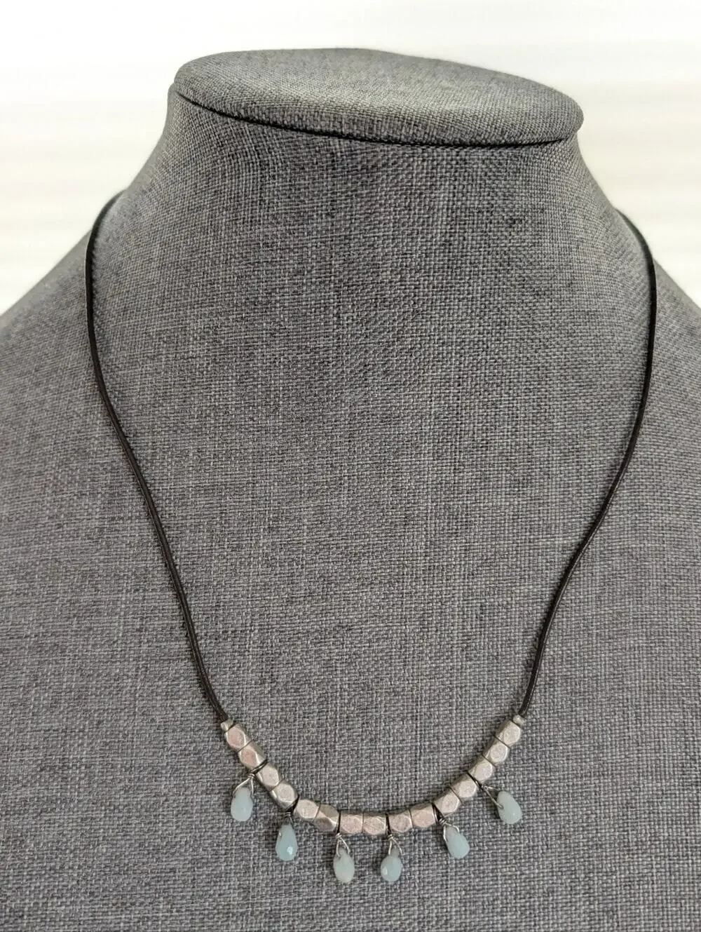 Fossil Silver Blue Tourmaline Wire Wrapped Bohemian Leather Cord Necklace NWT